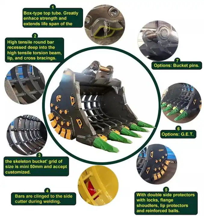Heavy Machine Earthmoving Parts Excavator Rock Skeleton Bucket For 1-50T Excavator